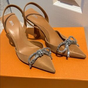 Zara Brown Slingback Heels with Silver Accents